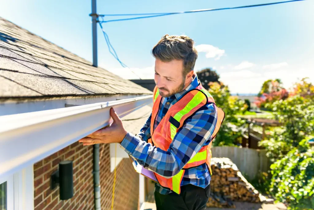 Professional inspector wearing a safety vest examining a white rain gutter attached to a residential roof line.