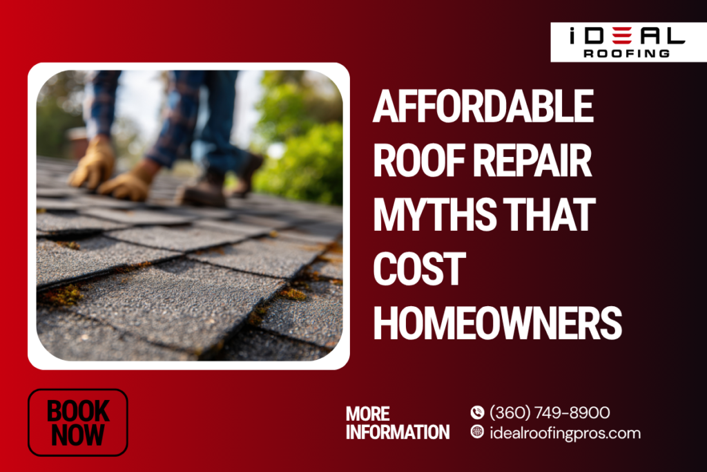 A roofer in work boots performing an inspection on asphalt shingles.