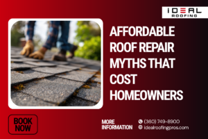 A roofer in work boots performing an inspection on asphalt shingles.