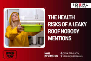 A woman in a yellow raincoat holding a bowl to catch ceiling water.