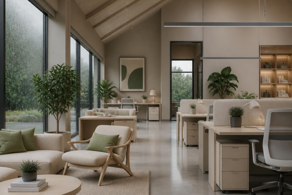Modern office interior featuring neutral-toned workstations, large floor-to-ceiling windows showing rain outside, and acoustic-friendly vaulted ceilings.