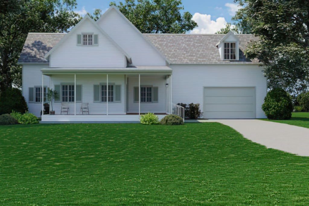 Two-story white residential home with a covered front porch, attached garage, and a clear concrete driveway prepared for roof replacement crew arrival.