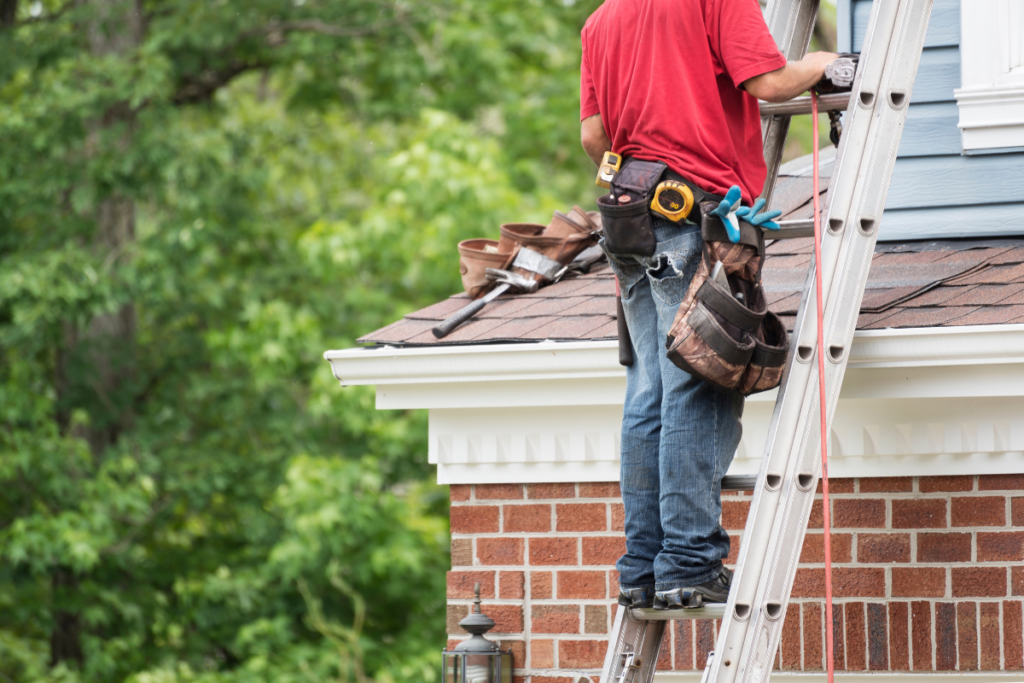 Roofer wearing a tool belt ascending an extension ladder to prepare a residential roof for replacement work.
